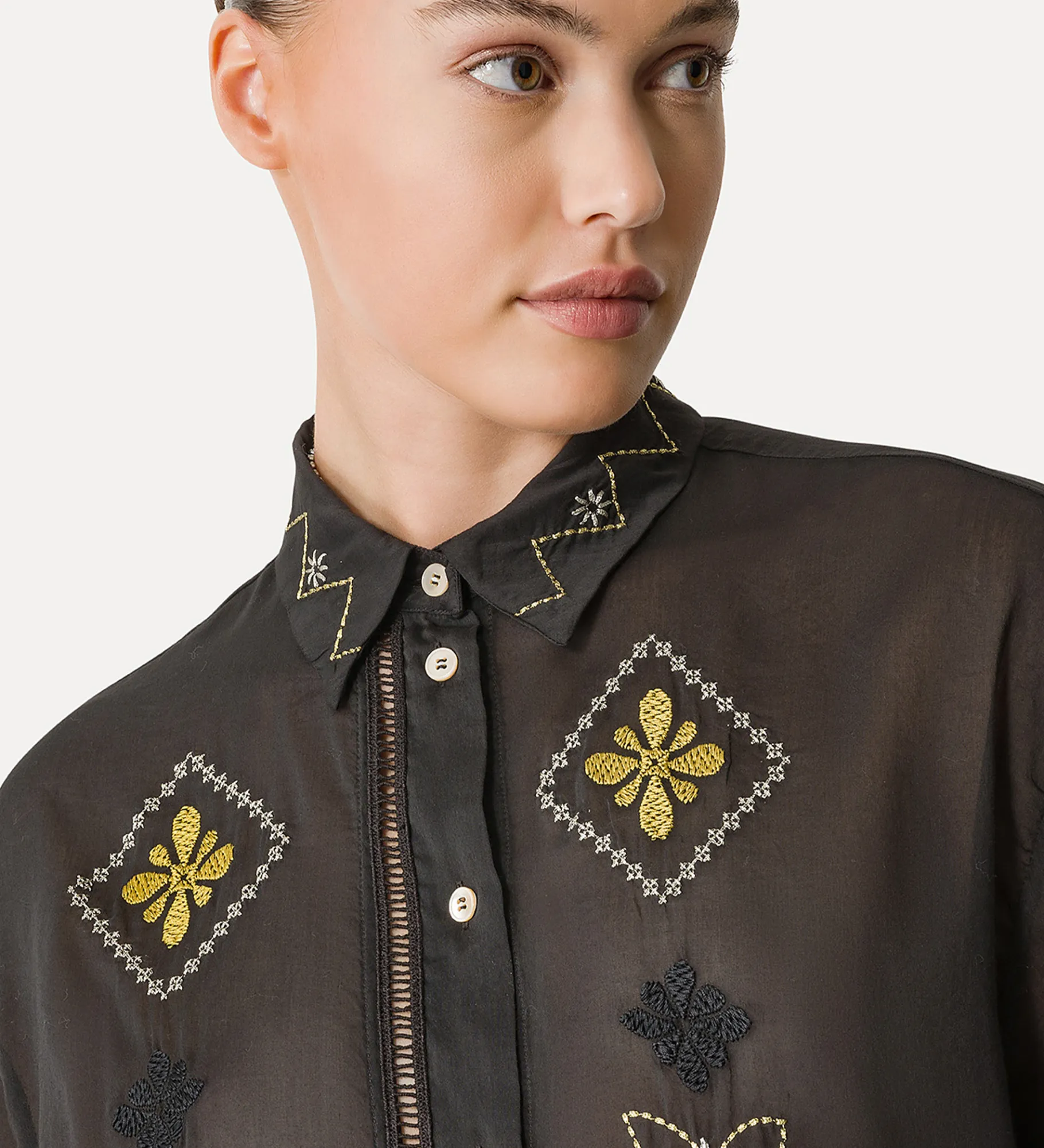 forte_forte Chemises^chemise à manches trois quarts en voile avec broderie “oniric blossom” nero
