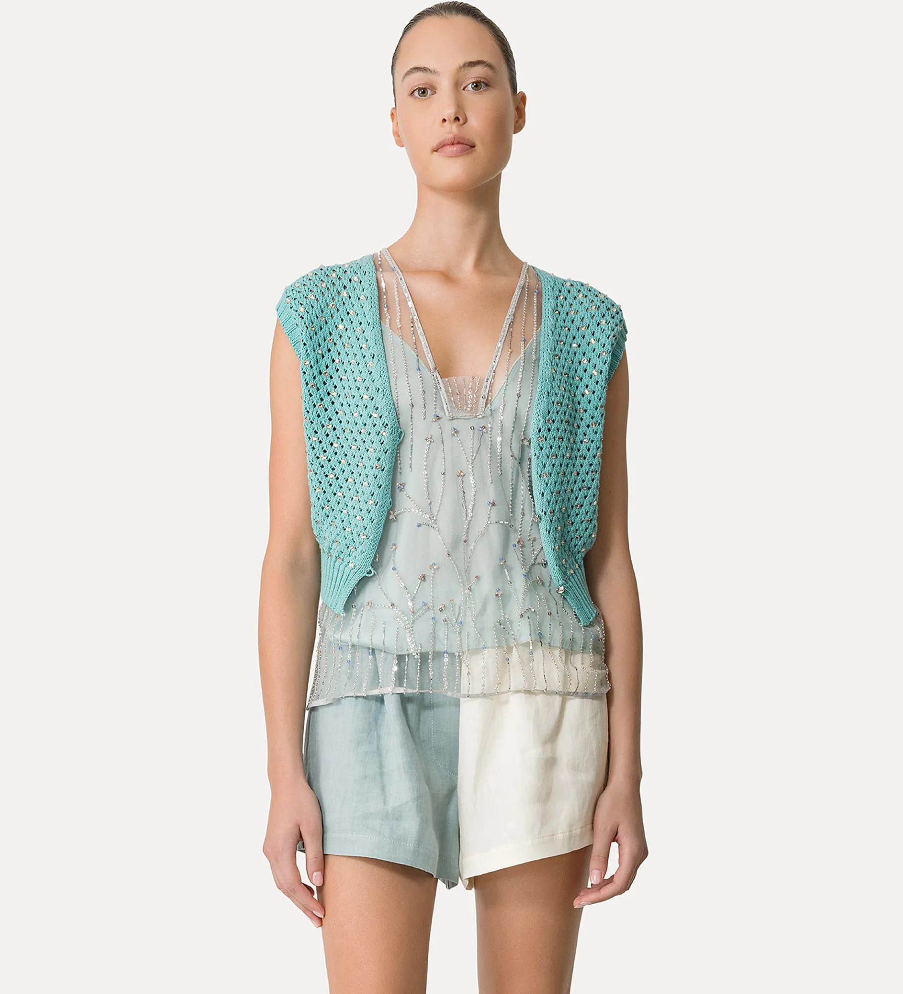 forte_forte Tricots | Hauts^gilet pour femme en coton avec cristaux acqua
