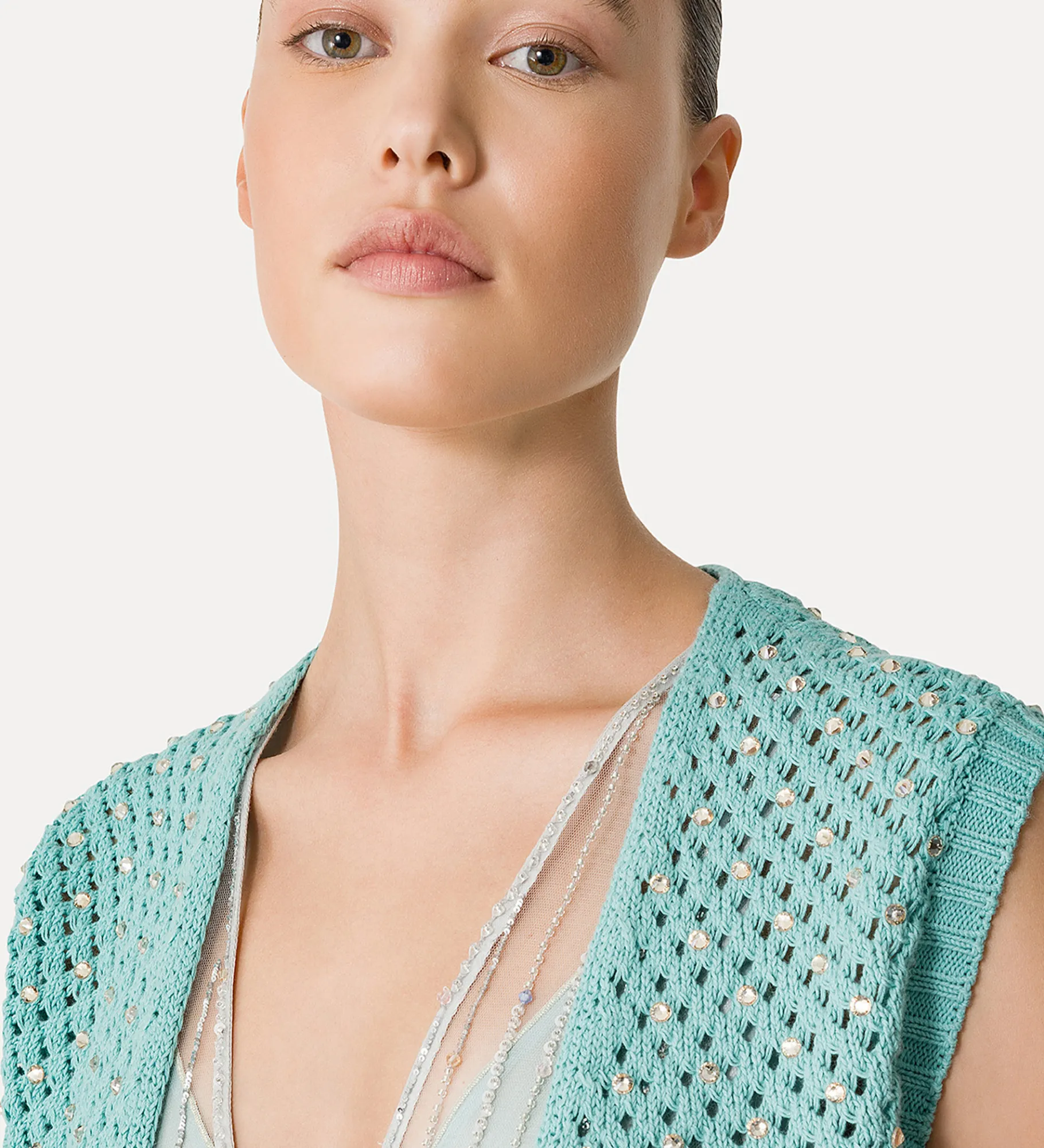 forte_forte Tricots | Hauts^gilet pour femme en coton avec cristaux acqua