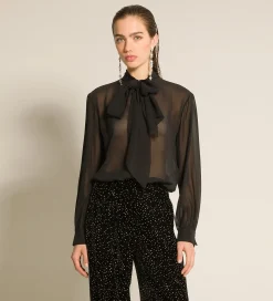 forte_forte Chemises^la chemise avec nœud en georgette de soie nero