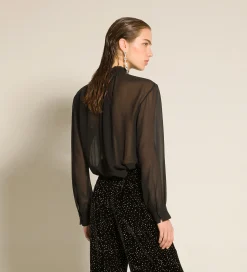 forte_forte Chemises^la chemise avec nœud en georgette de soie nero