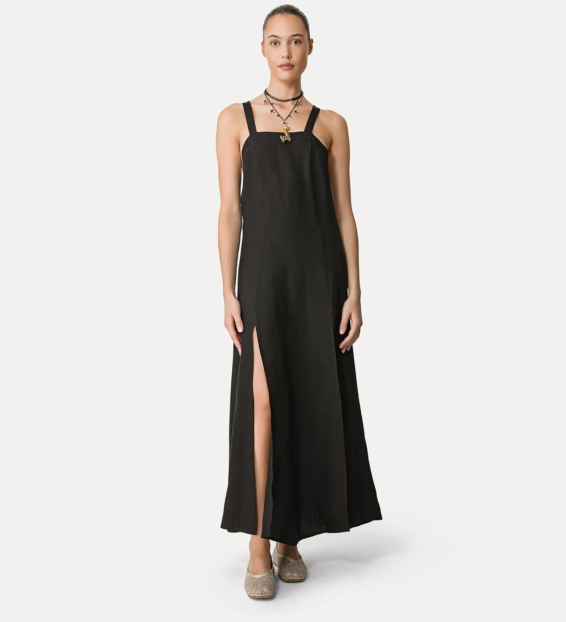 forte_forte Robes^robe à fines bretelles en lin noir