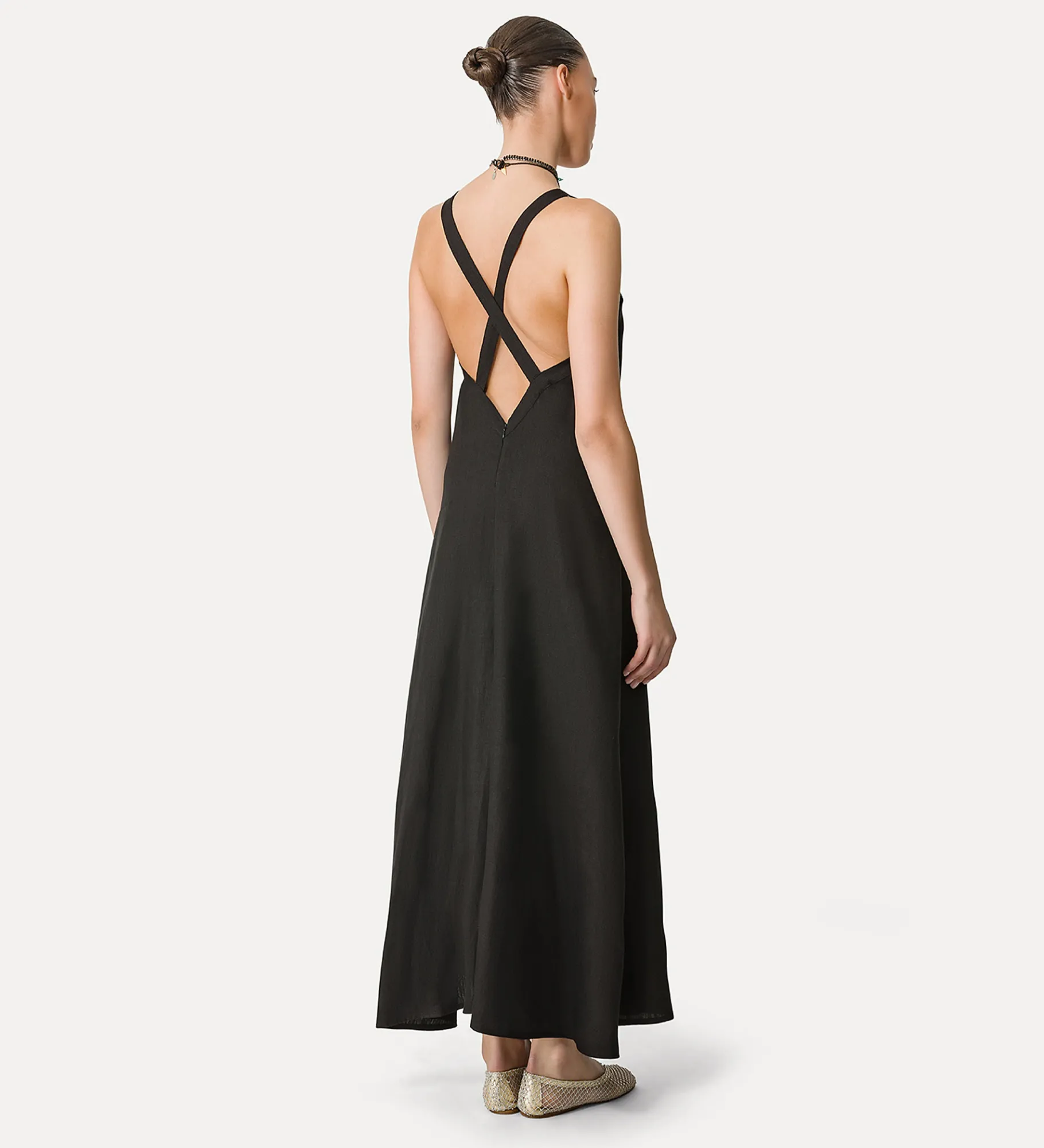 forte_forte Robes^robe à fines bretelles en lin noir
