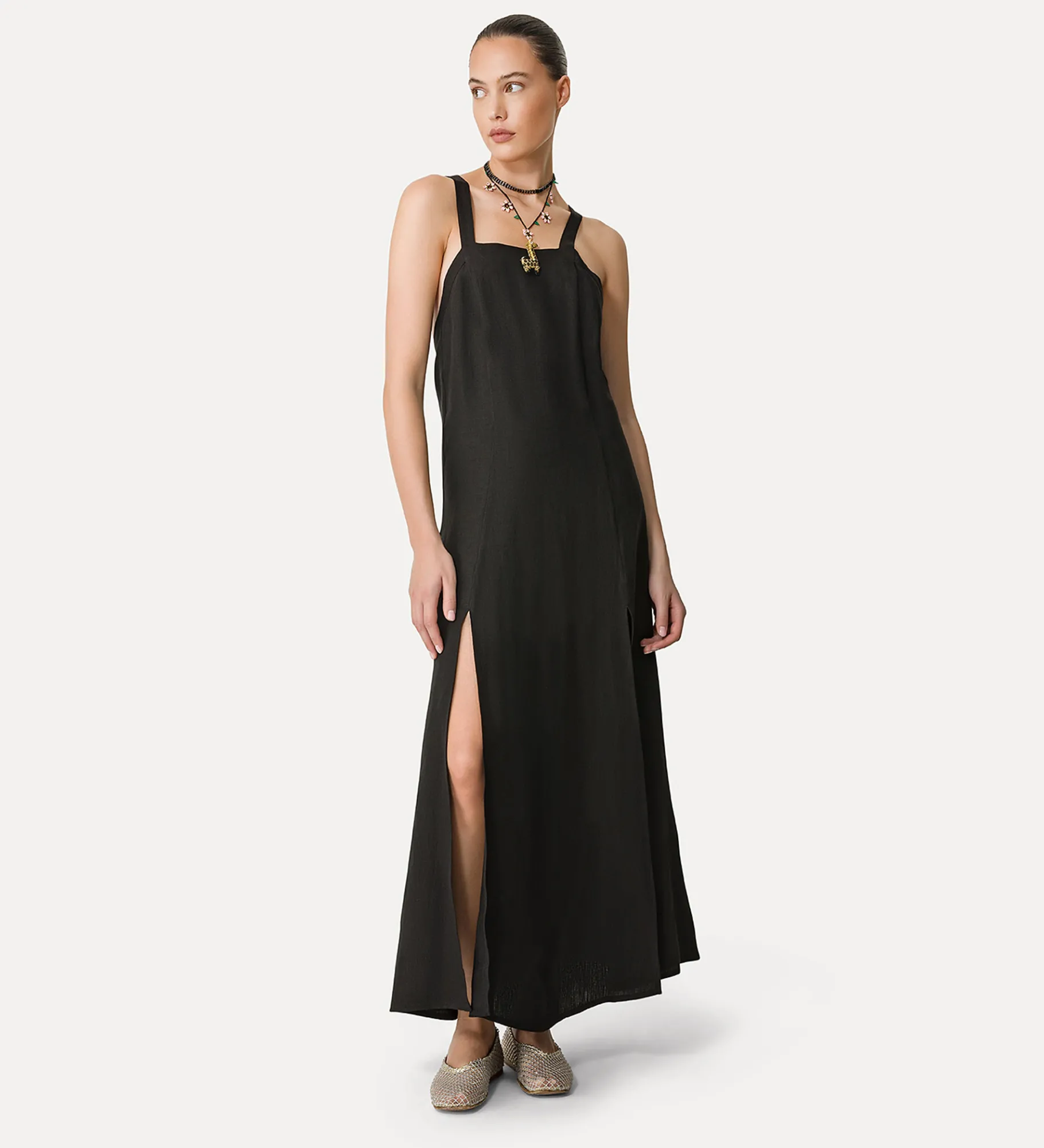 forte_forte Robes^robe à fines bretelles en lin noir