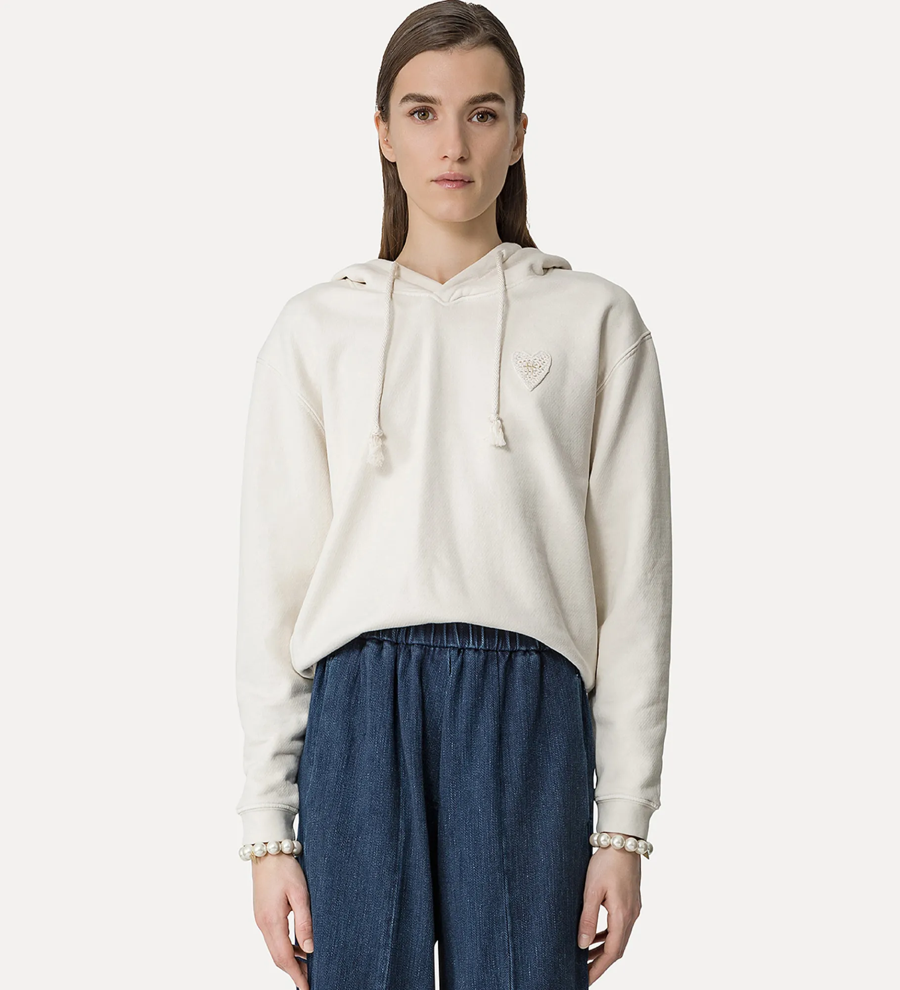 forte_forte Hauts^sweat–shirt à capuche essential en molleton de coton diagonal ivory